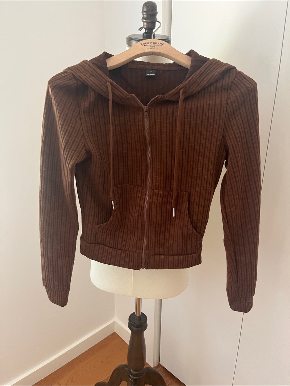 Brown Ribbed Zip-Up Hoodie Jacket